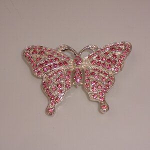 Vintage Roman Pink Rhinestones Butterfly Brooch Silver Tone Scarf Pin Marked